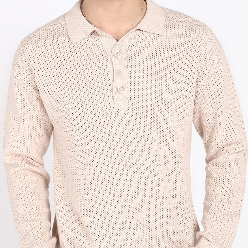 ALL OVER POINTELLE LONG SLEEVE POLO-CAMEL