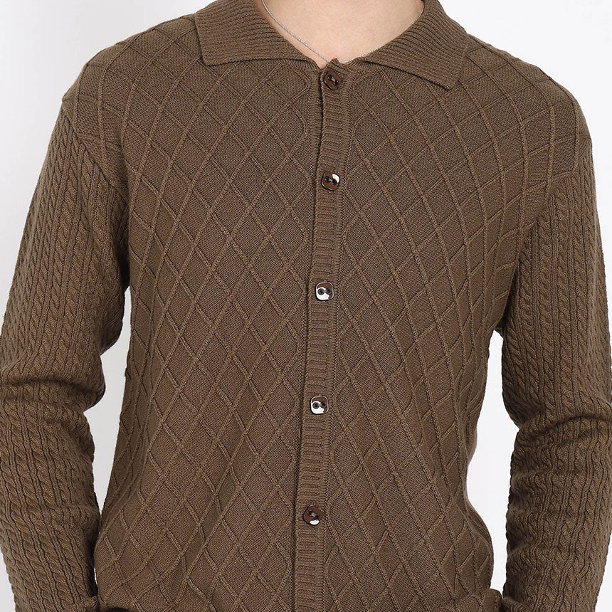 ARAN KNIT SHIRT-BROWN