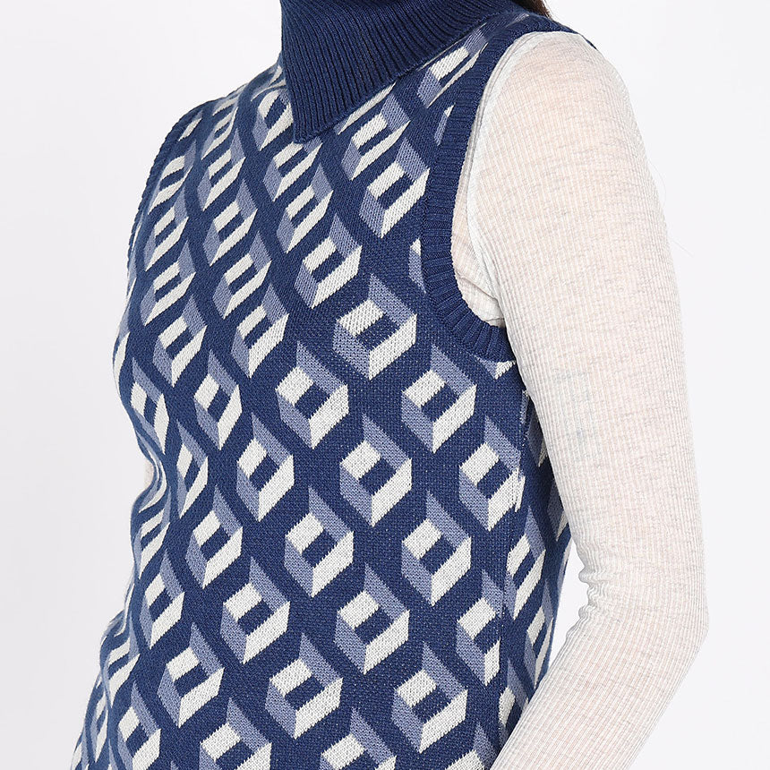 RETRO PATTERNED DRESS-BLUE