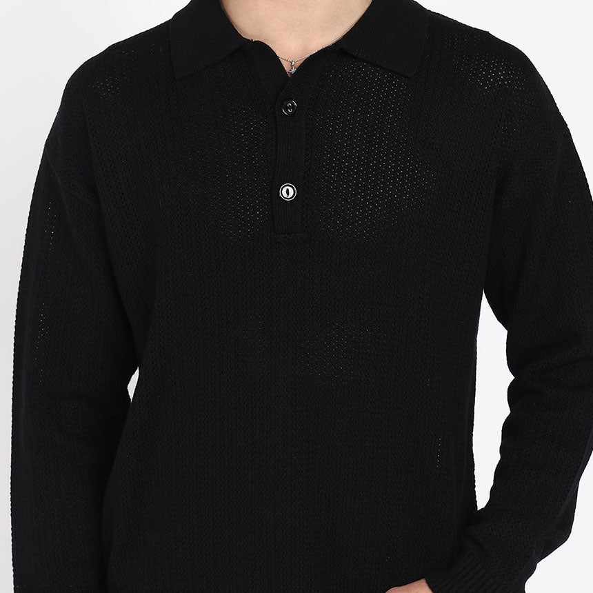 ALL OVER POINTELLE LONG SLEEVE POLO-BLACK