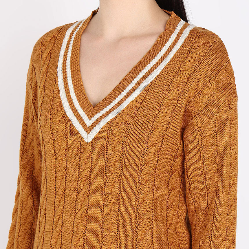 CABLE PULLOVER WITH MUFFLER-MUSTARD